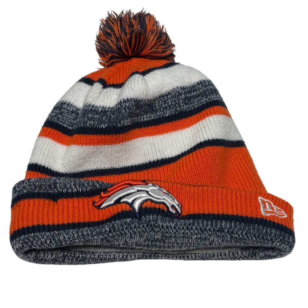 Youth Denver Broncos NFL Cuffed Pom Striped Knit Hat New Era Beanie Orange